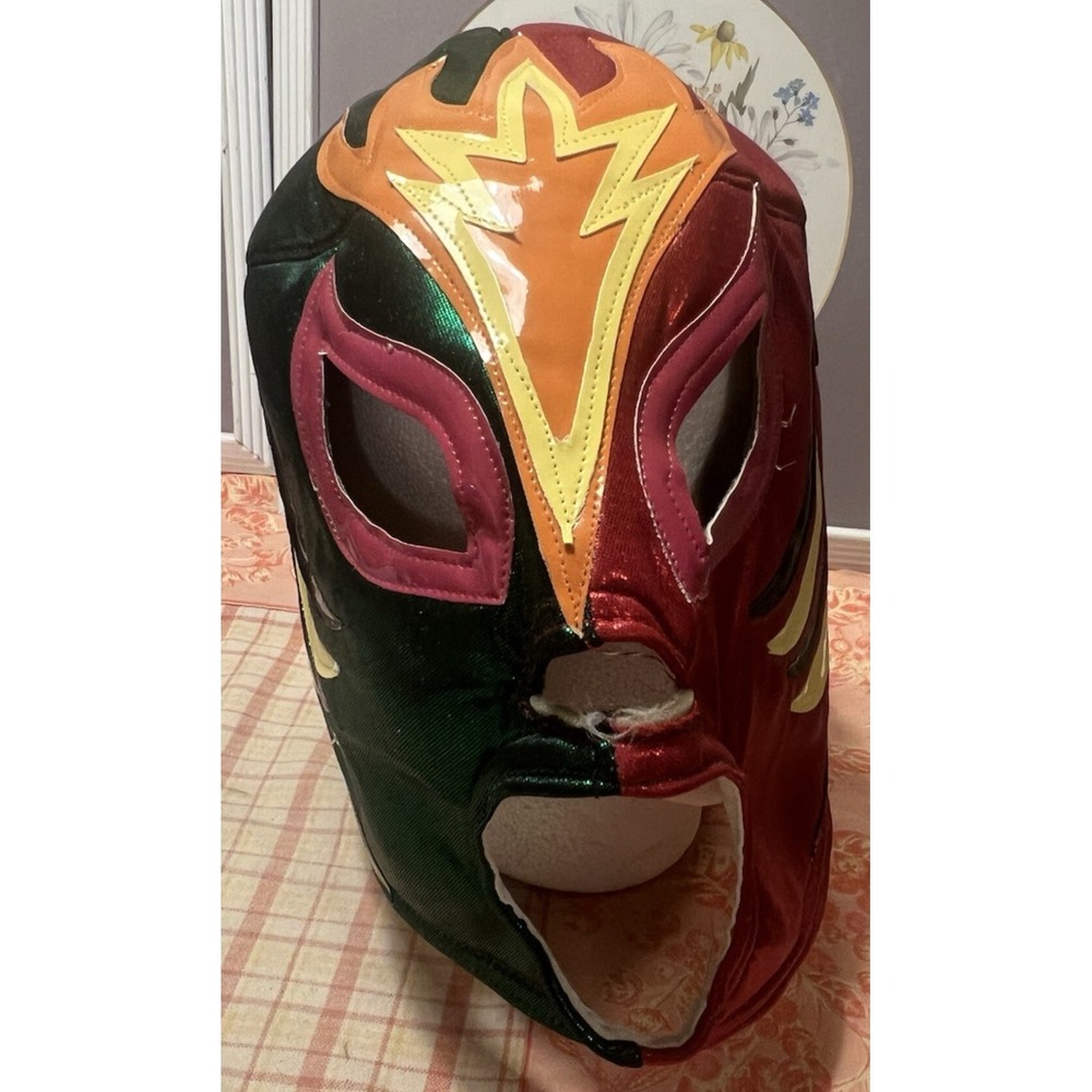Lucha Libre Mask Vinyl Back Lace Up Red Green Multi Sparkle Flame Adult Size